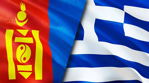 Монголія Грецькі Прапори Waving Flag Прапор Монголії Греція Фото Шпалери — стокове фото