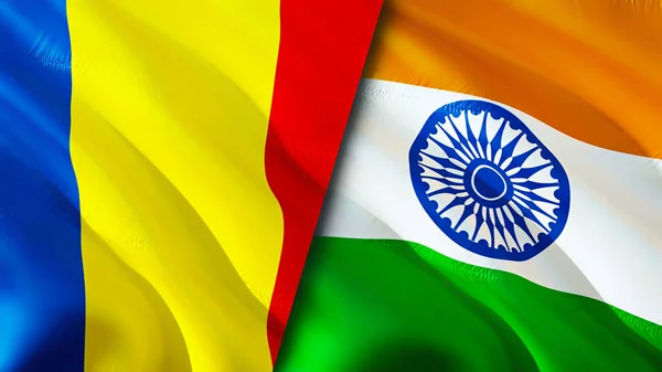 Romania and India flags. 3D Waving flag design. Romania India flag, picture, wallpaper. Romania vs India image,3D rendering. Romania India relations alliance and Trade,travel,tourism concep