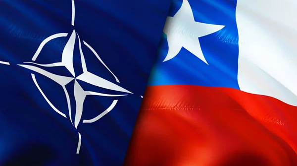 NATO and Chile flags. 3D Waving flag design. Chile NATO flag, picture, wallpaper. NATO vs Chile image,3D rendering. NATO Chile relations alliance and Trade,travel,tourism concep