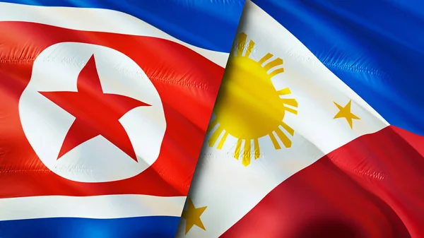 North Korea and Philippines flags. 3D Waving flag design. North Korea Philippines flag, picture, wallpaper. North Korea vs Philippines image,3D rendering. North Korea Philippines relations allianc