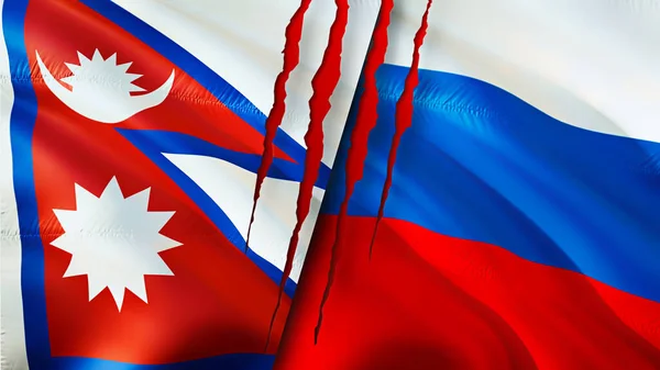 Bandeiras Nepal Rússia Com Conceito Cicatriz Bandeira Ondulada Renderização Conceito — Fotografia de Stock