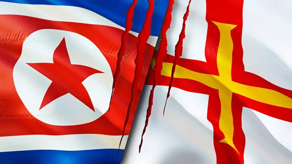 North Korea and USA Guernsey with scar concept. Waving flag,3D rendering. North Korea and USA conflict concept. North Korea USA relations concept. flag of North Korea and USA crisis,war, attac