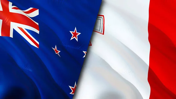 新西兰和马耳他的国旗 3D波浪旗帜设计 新西兰马耳他国旗 新西兰对马耳他的图像 3D渲染 新西兰马耳他关系战争联盟的概念 — 图库照片