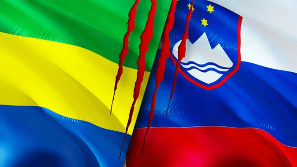Gabon and Slovenia flags with scar concept. Waving flag,3D rendering. Gabon and Slovenia conflict concept. Gabon Slovenia relations concept. flag of Gabon and Slovenia crisis,war, attack concep