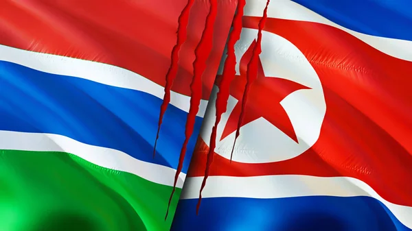 Gambia and North Korea flags with scar concept. Waving flag,3D rendering. Gambia and North Korea conflict concept. Gambia North Korea relations concept. flag of Gambia and North Korea crisis,war