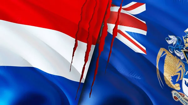 荷兰和特里斯坦 达库尼亚国旗 带有疤痕概念 飘扬的旗帜 3D渲染 荷兰和特里斯坦 达库尼亚冲突概念 荷兰特里斯坦 达库尼亚关系概念 国旗O — 图库照片