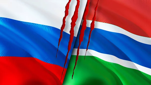 Rusia Gambia Banderas Con Concepto Cicatriz Bandera Ondeante Representación Rusia — Foto de Stock