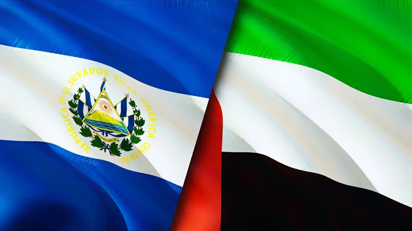 El Salvador and United Arab Emirates flags. 3D Waving flag design. El Salvador United Arab Emirates flag, picture, wallpaper. El Salvador vs United Arab Emirates image,3D rendering. El Salvado