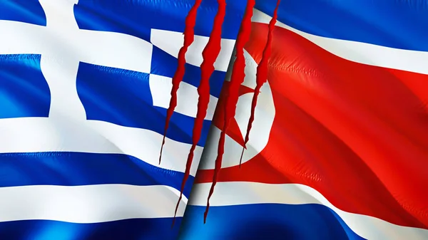 Greece and North Korea flags with scar concept. Waving flag,3D rendering. Greece and North Korea conflict concept. Greece North Korea relations concept. flag of Greece and North Korea crisis,war