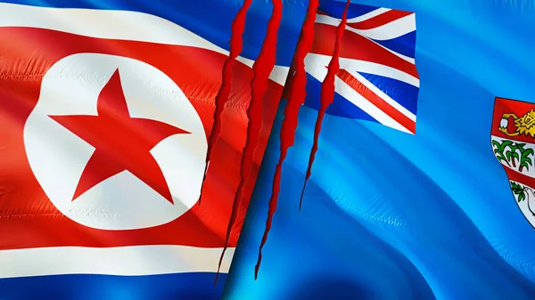 朝鲜和斐济的国旗上有伤疤的概念 飘扬的旗帜 3D渲染 北朝鲜和斐济冲突概念 北朝鲜斐济关系概念 朝鲜和斐济危机 战争和战争的旗帜 — 图库照片
