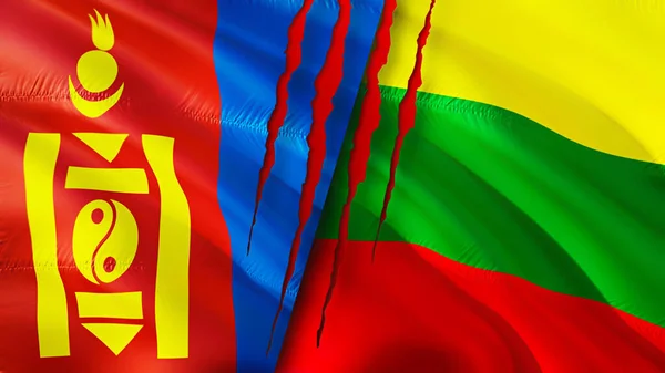 Mongolia and Lithuania flags with scar concept. Waving flag,3D rendering. Mongolia and Lithuania conflict concept. Mongolia Lithuania relations concept. flag of Mongolia and Lithuania crisis,war