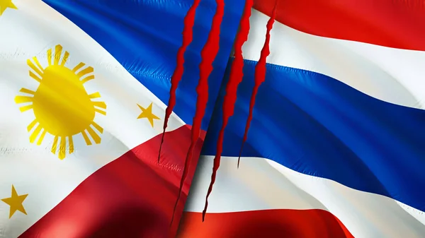 Philippines and Thailand flags with scar concept. Waving flag,3D rendering. Philippines and Thailand conflict concept. Philippines Thailand relations concept. flag of Philippines and Thailan