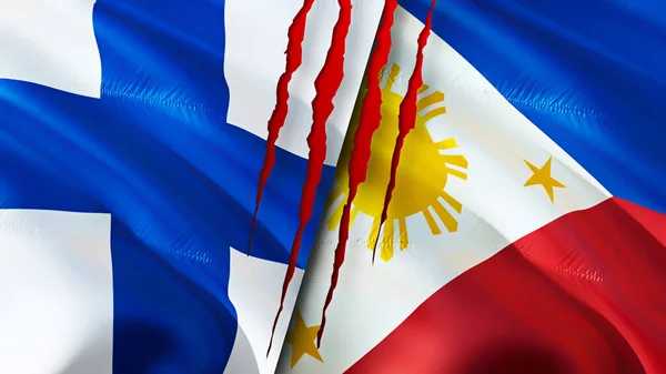 Finland and Philippines flags with scar concept. Waving flag,3D rendering. Finland and Philippines conflict concept. Finland Philippines relations concept. flag of Finland and Philippine
