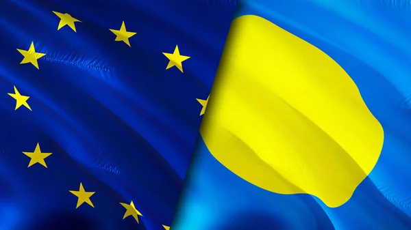 European Union and Palau flags. 3D Waving flag design. European Union Palau flag, picture, wallpaper. European Union vs Palau image,3D rendering. European Union Palau relations alliance an