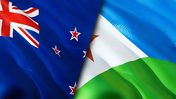 New Zealand and Djibouti flags. 3D Waving flag design. New Zealand Djibouti flag, picture, wallpaper. New Zealand vs Djibouti image,3D rendering. New Zealand Djibouti relations war allianc