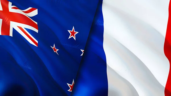 新西兰和法国的国旗 3D波浪旗帜设计 新西兰法国国旗 新西兰对法国的图像 3D渲染 新西兰 法国关系联盟的概念 — 图库照片
