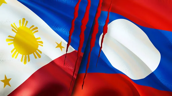 Bendera Filipina Dan Laos Dengan Konsep Bekas Luka Mengayunkan Bendera — Stok Foto