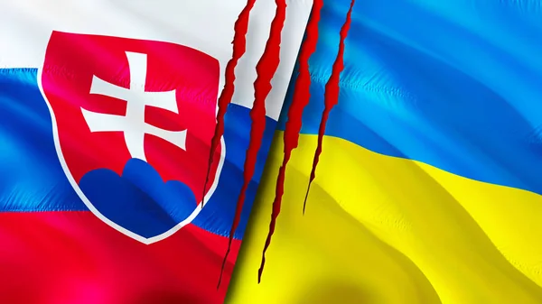 Flaggen Der Slowakei Und Der Ukraine Mit Narbenkonzept Fahnenschwenken Rendering — Stockfoto