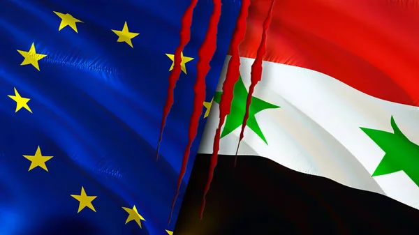 European Union and Syria flags with scar concept. Waving flag,3D rendering. European Union and Syria conflict concept. European Union Syria relations concept. flag of European Union and Syri