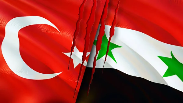 Turkey and Syria flags with scar concept. Waving flag,3D rendering. Turkey and Syria conflict concept. Turkey Syria relations concept. flag of Turkey and Syria crisis,war, attack concep