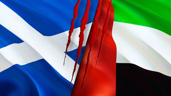 Flaggen Schottlands Und Der Vereinigten Arabischen Emirate Mit Narbenkonzept Fahnenschwenken — Stockfoto