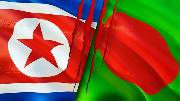 North Korea and Bangladesh flags with scar concept. Waving flag,3D rendering. North Korea and Bangladesh conflict concept. North Korea Bangladesh relations concept. flag of North Korea an
