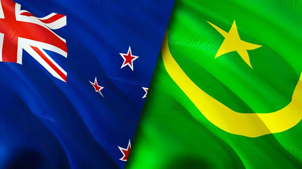 New Zealand and Mauritania flags. 3D Waving flag design. New Zealand Mauritania flag, picture, wallpaper. New Zealand vs Mauritania image,3D rendering. New Zealand Mauritania relations war allianc