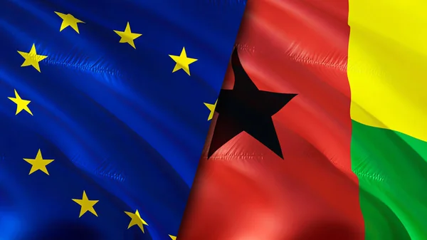 European Union and Guinea Bissau flags. 3D Waving flag design. European Union Guinea Bissau flag, picture, wallpaper. European Union vs Guinea Bissau image,3D rendering. European Union Guinea Bissa