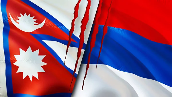 Bandeiras Nepal Sérvia Com Conceito Cicatriz Bandeira Ondulada Renderização Conceito — Fotografia de Stock