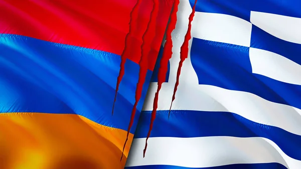 Armenia Greece Flags Scar Concept Waving Flag Rendering Armenia Greece — Stock Photo, Image