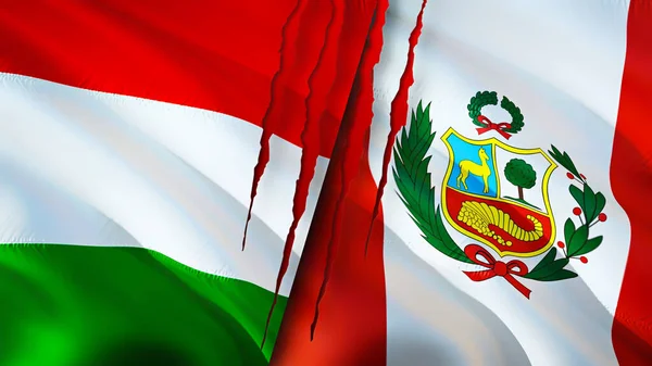 Bandiere Ungheria Perù Con Concetto Cicatrice Bandiera Sventolante Rendering Ungheria — Foto Stock