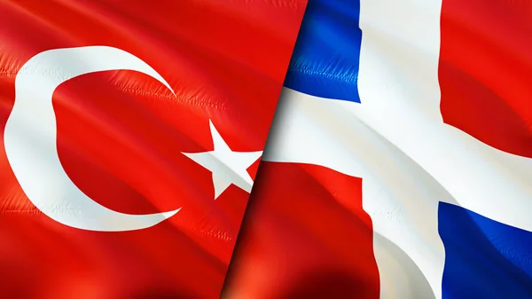 Turkey and Dominican Republic flags. 3D Waving flag design. Turkey Dominican Republic flag, picture, wallpaper. Turkey vs Dominican Republic image,3D rendering. Turkey Dominican Republic relation