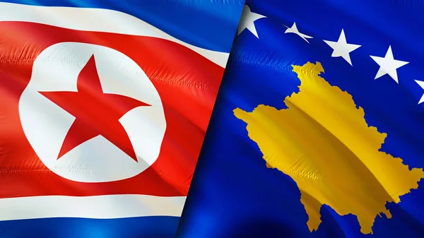 North Korea and Kosovo flags. 3D Waving flag design. North Korea Kosovo flag, picture, wallpaper. North Korea vs Kosovo image,3D rendering. North Korea Kosovo relations alliance an