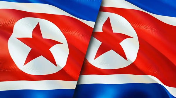 North Korea and North Korea flags. 3D Waving flag design. North Korea North Korea flag, picture, wallpaper. North Korea vs North Korea image,3D rendering. North Korea North Korea relations allianc