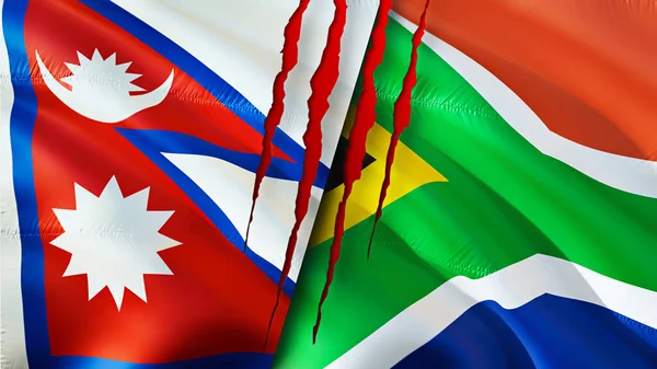 Nepal and South Africa flags with scar concept. Waving flag,3D rendering. Nepal and South Africa conflict concept. Nepal South Africa relations concept. flag of Nepal and South Africa crisis,war