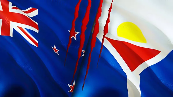 新西兰和圣马丁国旗的疤痕概念 波浪旗3D渲染 新西兰和圣马丁冲突概念 新西兰圣马丁关系概念 新西兰的国旗A — 图库照片