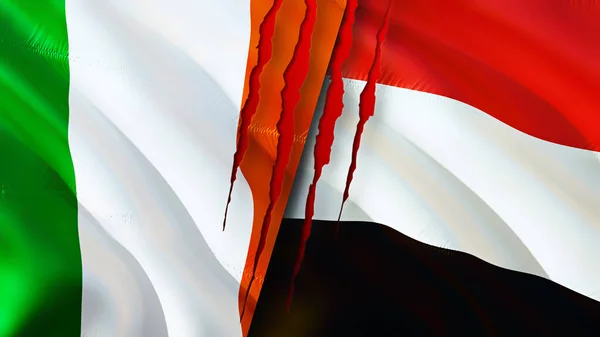 Irland Und Jemen Flaggen Mit Narbenkonzept Fahnenschwenken Rendering Irland Und — Stockfoto