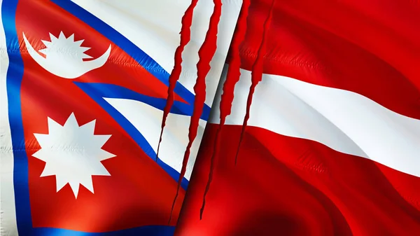 Bandeiras Nepal Letónia Com Conceito Cicatriz Bandeira Ondulada Renderização Conceito — Fotografia de Stock