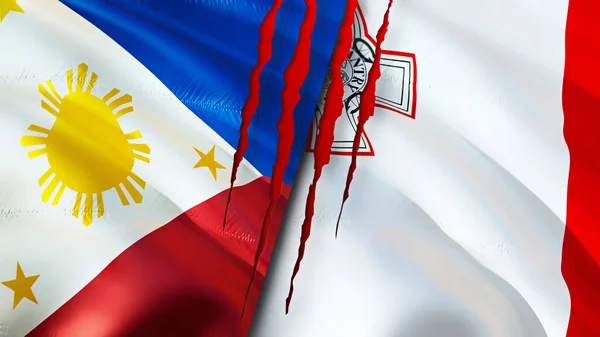 Bendera Filipina Dan Malta Dengan Konsep Bekas Luka Mengayunkan Bendera — Stok Foto