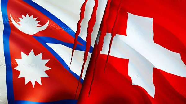 Bandeiras Nepal Suíça Com Conceito Cicatriz Bandeira Ondulada Renderização Conceito — Fotografia de Stock