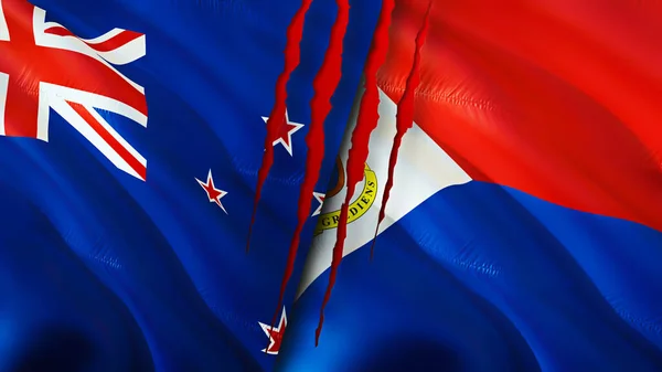 新西兰和圣马丁岛的国旗带有疤痕概念 波浪旗3D渲染 新西兰和圣马丁岛冲突概念 新西兰圣马丁岛关系概念 新西兰的国旗A — 图库照片