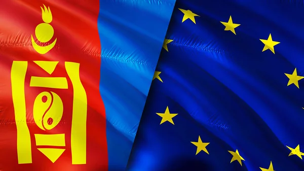 Mongolia and European Union flags. 3D Waving flag design. Mongolia European Union flag, picture, wallpaper. Mongolia vs European Union image,3D rendering. Mongolia European Union relations allianc