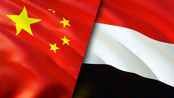 China and Yemen flags. 3D Waving flag design. China Yemen flag, picture, wallpaper. China vs Yemen image,3D rendering. China Yemen relations alliance and Trade,travel,tourism concep