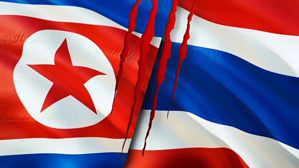 북한과 태국의 깃발에는 흉터가 있습니다 웨이브 플래그 렌더링 북한과 태국의 — 스톡 사진