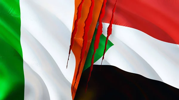 Ireland and Sudan flags with scar concept. Waving flag 3D rendering. Ireland and Sudan conflict concept. Ireland Sudan relations concept. flag of Ireland and Sudan crisis,war, attack concep