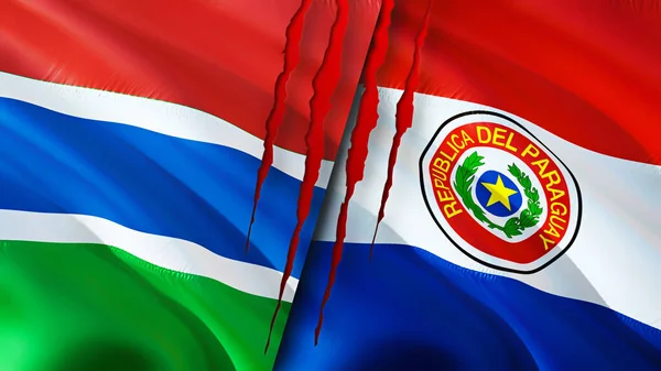 Bandeiras Gâmbia Paraguai Com Conceito Cicatriz Bandeira Ondulada Renderização Conceito — Fotografia de Stock