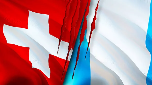 Flagi Szwajcarii Gwatemali Blizną Machanie Flagą Renderowanie Koncepcja Konfliktu Szwajcarii — Zdjęcie stockowe