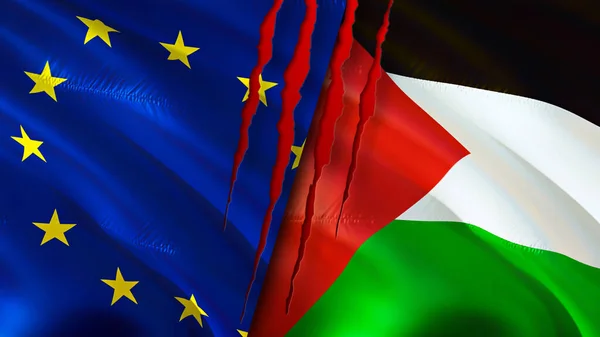European Union and Palestine flags with scar concept. Waving flag,3D rendering. European Union and Palestine conflict concept. European Union Palestine relations concept. flag of European Union an