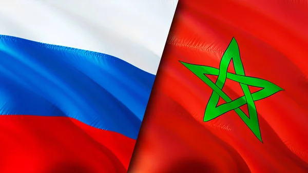 Russia and Morocco flags. 3D Waving flag design. Russia Morocco flag, picture, wallpaper. Russia vs Morocco image,3D rendering. Russia Morocco relations alliance and Trade,travel,tourism concep