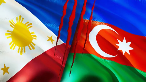 Philippines and Azerbaijan flags with scar concept. Waving flag,3D rendering. Philippines and Azerbaijan conflict concept. Philippines Azerbaijan relations concept. flag of Philippines an